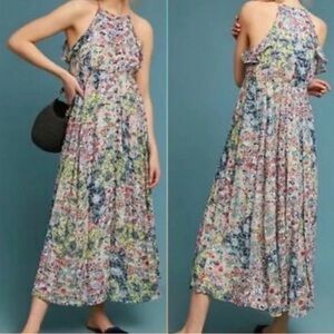 Meadow Rue Anthropologie Allerton Floral Boho Maxi Dress Halter Button Front S